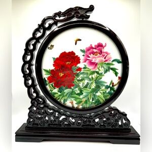 Chinese Double Sided Silk Embroidery Pink Red Flower Butterfly Carved Wood Stand